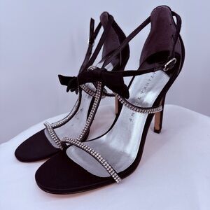Ivanka Trump Rhinestone Bow Heels Size 8M Black Satin Strappy 4” Stiletto